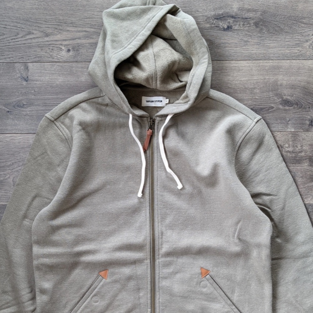 Men's Taylor Stitch Light Green Olive w/ Leather Zip Hoodie Sweatshirt, M
